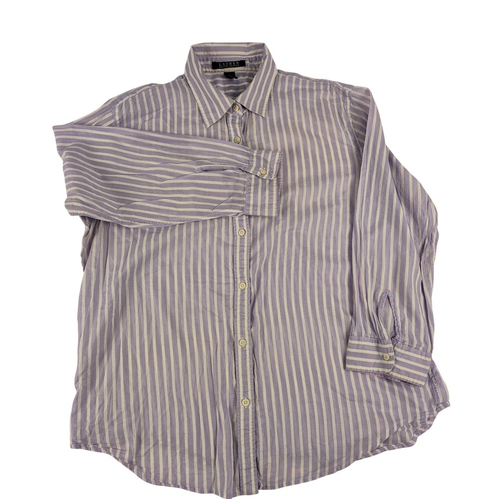 Lauren Ralph Lauren Womens Purple White Striped Cotton Button Down Shirt Large - Picture 2 of 11